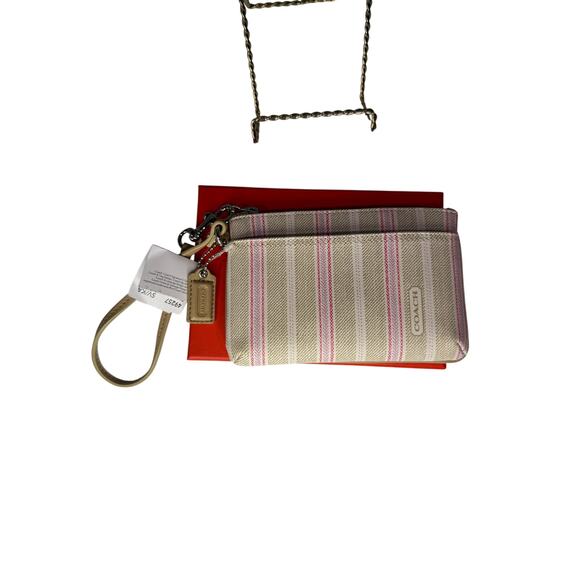 NWT Coach Legacy Weekend Ticking Stripe Zippy Wallet Wristlet in Khaki Pink - Picture 1 of 6